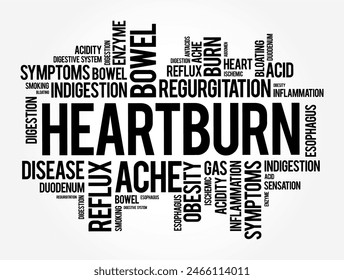 El ardor de estómago es una sensación de ardor en el pecho causada por el ácido del estómago que asciende hacia la garganta, fondo del concepto de nube de palabras