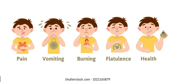 Heartburn, Heaviness, Belching, Nausea, Flatulence, Bloating, Pain. Infographics. Vector. Cartoon Character. Isolated. Flat. Symptoms, Causes.