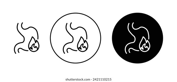 Heartburn icon set. Acid reflux discomfort vector symbol in a black filled and outlined style. Gastric pain sign.