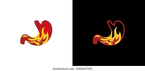 Heartburn logo design, vector illustration of stomach and fire symbols, disease or indigestion