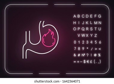 Heartburn neon light icon. Food poisoning. Inflammation in organ. Early sign of pregnancy. Outer glowing effect. Sign with alphabet, numbers and symbols. Vector isolated RGB color illustration