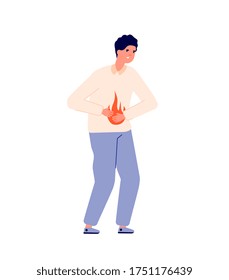 Heartburn. Person stomach problem, gastroesophageal reflux or high acidity. Gastric disease, man bloating abdomen pain vector illustration