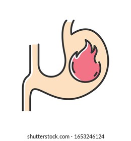 Icono de color RGB Heartburn. Dolor de estómago. Intoxicación alimentaria. Problema gastrointestinal. Reflujo de ácidos. Inflamación en el órgano. Enfermedad del tracto digestivo. Signo temprano del embarazo. Ilustración vectorial aislada