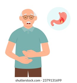 Heartburn. A senior holds her stomach with  hands.Unhealthy diet and junk food, poisoning.Gastritis and acid reflux, stomach upset and stomach pain problems. Vector illustration.