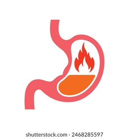 Heartburn, stomach and fire are isolated on a white background. 