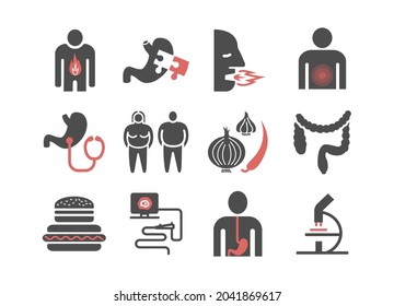 Heartburn. Symptoms, Treatment. Icons set. Vector signs for web graphics.