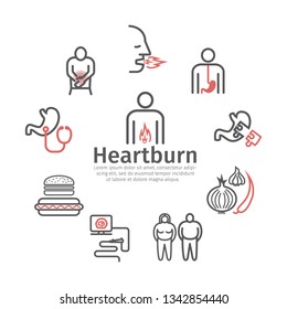 Heartburn. Symptoms, Treatment. Line icons set. Vector signs for web graphics.