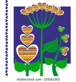 Hearted like Floral Set on Blue Background, Vector Version