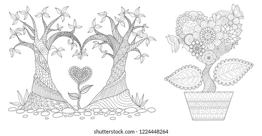 Hearted shap flowers and tree for Velentines card,wedding invitation,engraving and coloring page for adult. Vector illustration