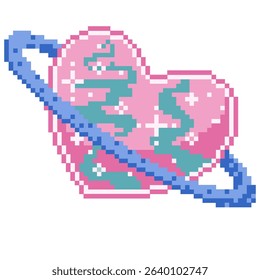 Hearted shape of Saturn with blink in pink and green color and blue ring vector pixel art for element, icon, sticker, game