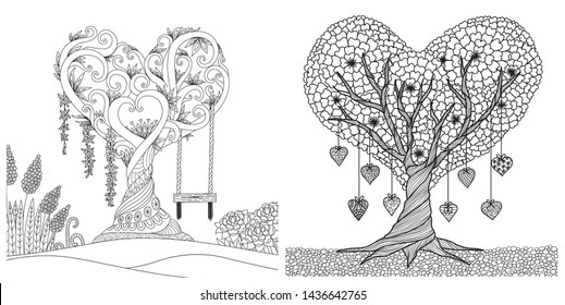 Hearted shape tree collection for design element and coloring book.Vector illustration