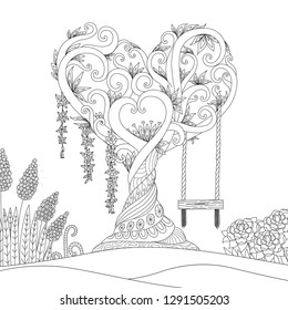 Hearted shape tree for design element and coloring book.Vector illustration