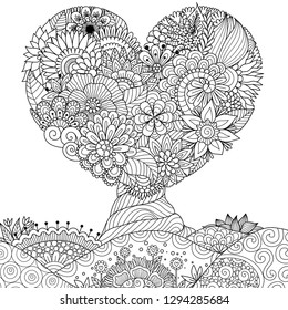 Hearted shape tree for lace, Valentines card,wall sticker, coloring page and other design element. Vector illustration