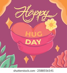 Heartfelt and artistic illustration featuring hands embracing in a happy hug day, beautifully adorned with delicate floral elements. 