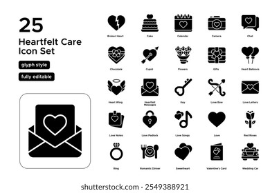 Heartfelt Care Glyph Icon Set: Compassion, Tenderness, and Thoughtful Acts of Love Icons