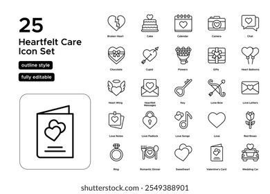 Heartfelt Care Line Icon Set: Support, Kindness, and Emotional Bonds Icons