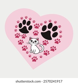 Heartfelt Cat and Paw Prints Design, Cat and Paw Prints in a Heart Shape