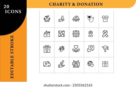 Heartfelt Charity And  Donation Icon Set (Editable Stroke)