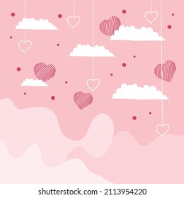 Heartfelt Cloudy Romance: Immerse your designs in love with this hand-drawn vector showcasing hanging hearts and delicate white clouds. Ideal for creating visually appealing and romantic backgrounds.