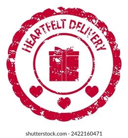 Heartfelt delivery rubber stamp for valentine post office. Vector of love delivery, rubber red heart, illustration romance seal for present gift, romantic holiday mail