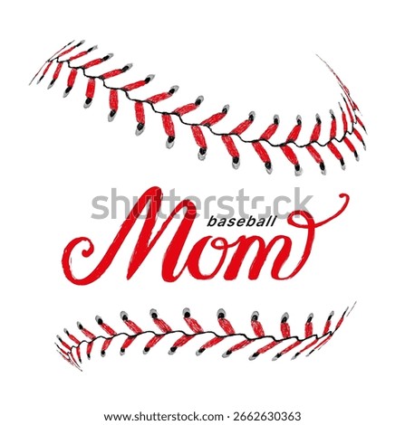 A heartfelt design featuring a baseball seam and the phrase "Baseball Mom", perfect for Mothers Day and baseball fans. Hand drawn vector illustration on white