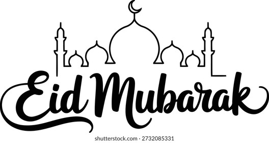 Un sentido saludo de Eid Mubarak con un elegante guion, adornado con un dibujo de líneas limpias de una mezquita y su icónico símbolo de la media luna.