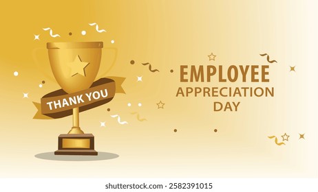 A heartfelt Employee Appreciation Day banner featuring a golden trophy with a "Thank You" ribbon, symbolizing gratitude and recognition for employees' hard work.