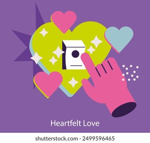 Heartfelt Love concept. A graphic illustration of a hand pressing a birdhouse surrounded by stars and hearts. Digital affection expression. Vector illustration.