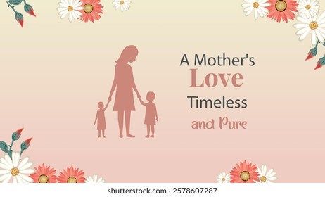 Heartfelt Mother's Day illustration featuring a mother holding hands with her children, surrounded by flowers, symbolizing the timeless and pure love between a mother and her children