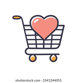 Carrinho de compras sincero. O amor está na cesta!  Ilustra compras apaixonadas, presentes ou doações beneficentes.