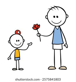 A heartfelt stick-figure scene: a caring father hands a flower to his smiling son, capturing a moment of love, warmth, and the simple joy of sharing.