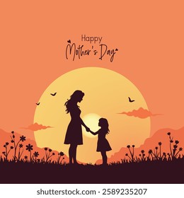 A heartfelt vector illustration depicting a mother gently holding her child's hand in silhouette against a sunset. maternal warmth, and family unity, perfect for Mother's Day celebrations.