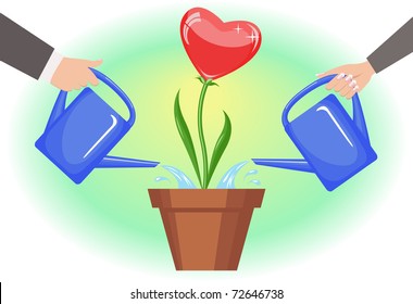 Heart-flower / Man's and female hands hold watering cans and water a flower-heart in a pot.  The different graphics are all on separate layers so they can easily be moved or edited individually.