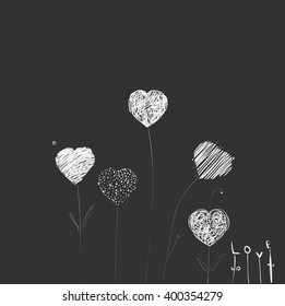 Heart-flowers on stalks. The dashed hand-drawing. Dark background.
