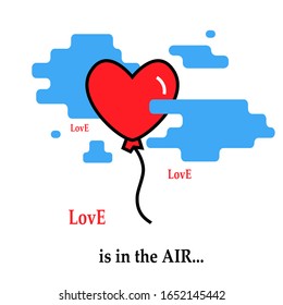 Hearth balloon flie flies by parachute icon trendy modern concept of  relationship of people  with text love is in the air  on a white background.Symbol  feelings, souls,icon love, sign emotion.Flloat