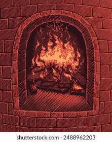 Hearth with fire. Editable hand drawn illustration. Vector vintage engraving. Isolated on black background. 8 EPS