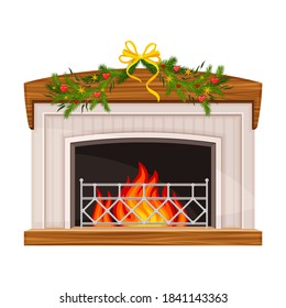 Hearth or Fireplace Decorated with Fir Tree Branch and Burning Fire Vector Illustration