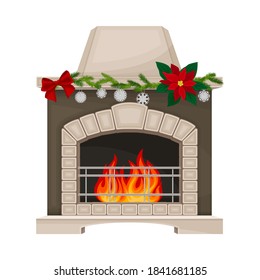 Hearth or Fireplace Decorated with Fir Tree Branch and Burning Fire Vector Illustration