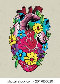 escuela antigua de tatuajes florales de corazón