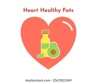 Hearth health diet by consuming healthy fats food such as olive oil and avocado illustration.