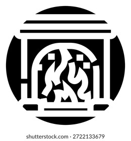 Hearth icon showing warm flames inside a minimalist fireplace glyph, black and white flat silhouette conveying home warmth, comfort and heating for web, app, or logo use