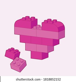 Tierra hecha por bloques. Edificio de juguetes rojos y rosados, ladrillos para niños. Ilustración vectorial isométrica, para el día de San Valentín o cualquier otra tarjeta de invitación de amor.