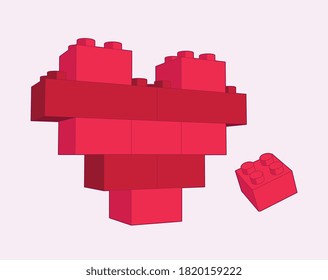 Hearth made by blocks. Red and Pink Toy building block, bricks for children. Vector isometric illustration, 