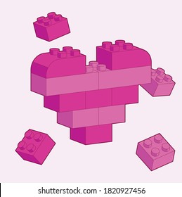 Hearth made by blocks. Red and Pink Toy building block, bricks for children. Vector isometric illustration, for Valentine's day or any other Love invitation cards.