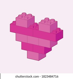 Hearth made by blocks. Red and Pink Toy building block, bricks for children. Vector isometric illustration, for Valentine's day or any other Love invitation cards.
