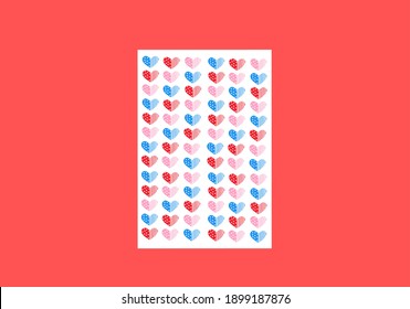 Hearth patterns with different colors blue , red and pink stripes and dots. Pretty and delicate backgrounds. Endless texture for wallpaper, web page background, wrapping paper and etc. Retro style.