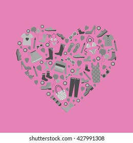 Hearth shape. Flat retro clothes icons grey set. Vector trend on pink background.