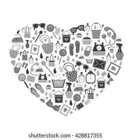 Hearth shape. Flat retro stuff icons grey set. Vector trend background.
