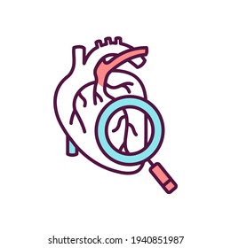 Heart-health screening RGB color icon. Heart scan. Echocardiogram. Monitoring cardiovascular health. Cardiac stress test. Pulse auscultation. Heart sound examination. Isolated vector illustration