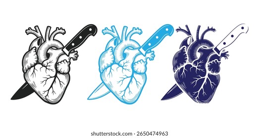 coração, ícone do coração, logotipo do coração, vetor do coração, logotipo anatômico, corações anatômicos perfurados por facas são mostrados em um desenho de vetor artístico com um toque de estilo ousado, alternativo.
